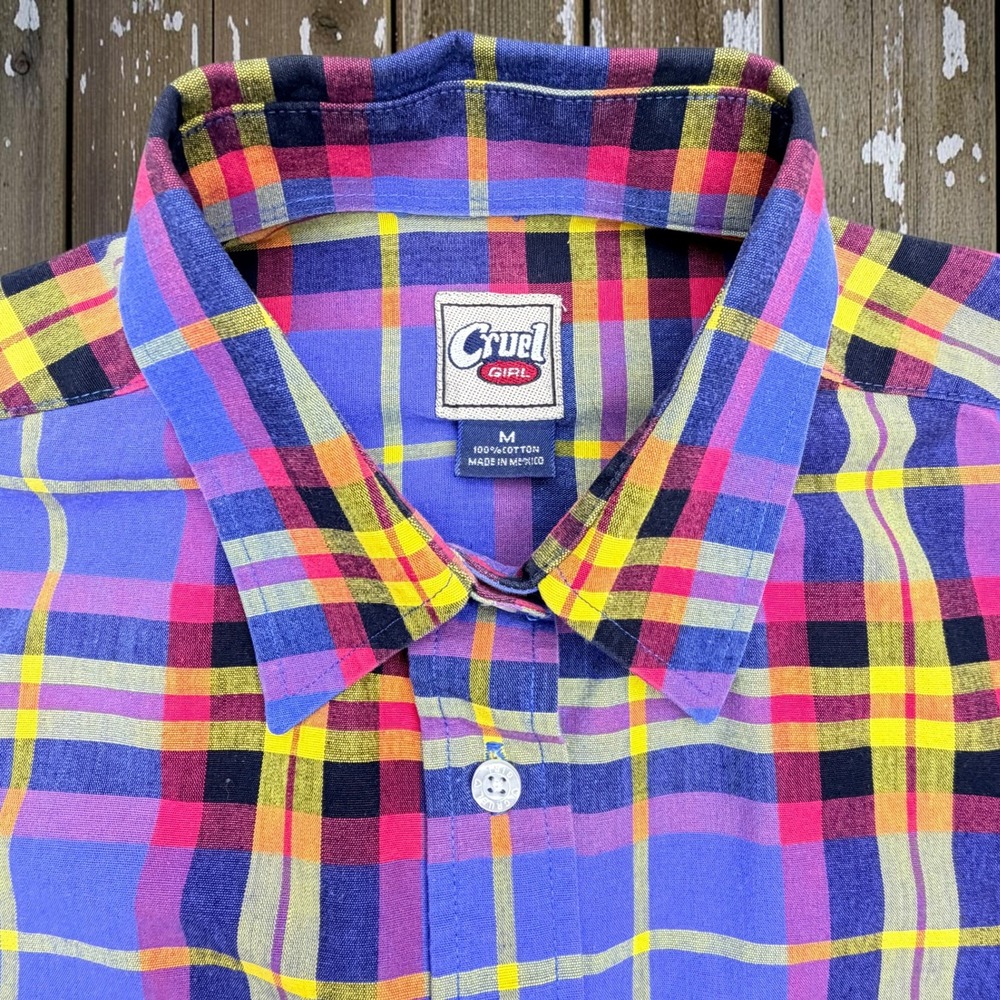 Cruel Girl Button Down Shirt Sz Womens Medium Purple Yellow Cotton Plaid Western